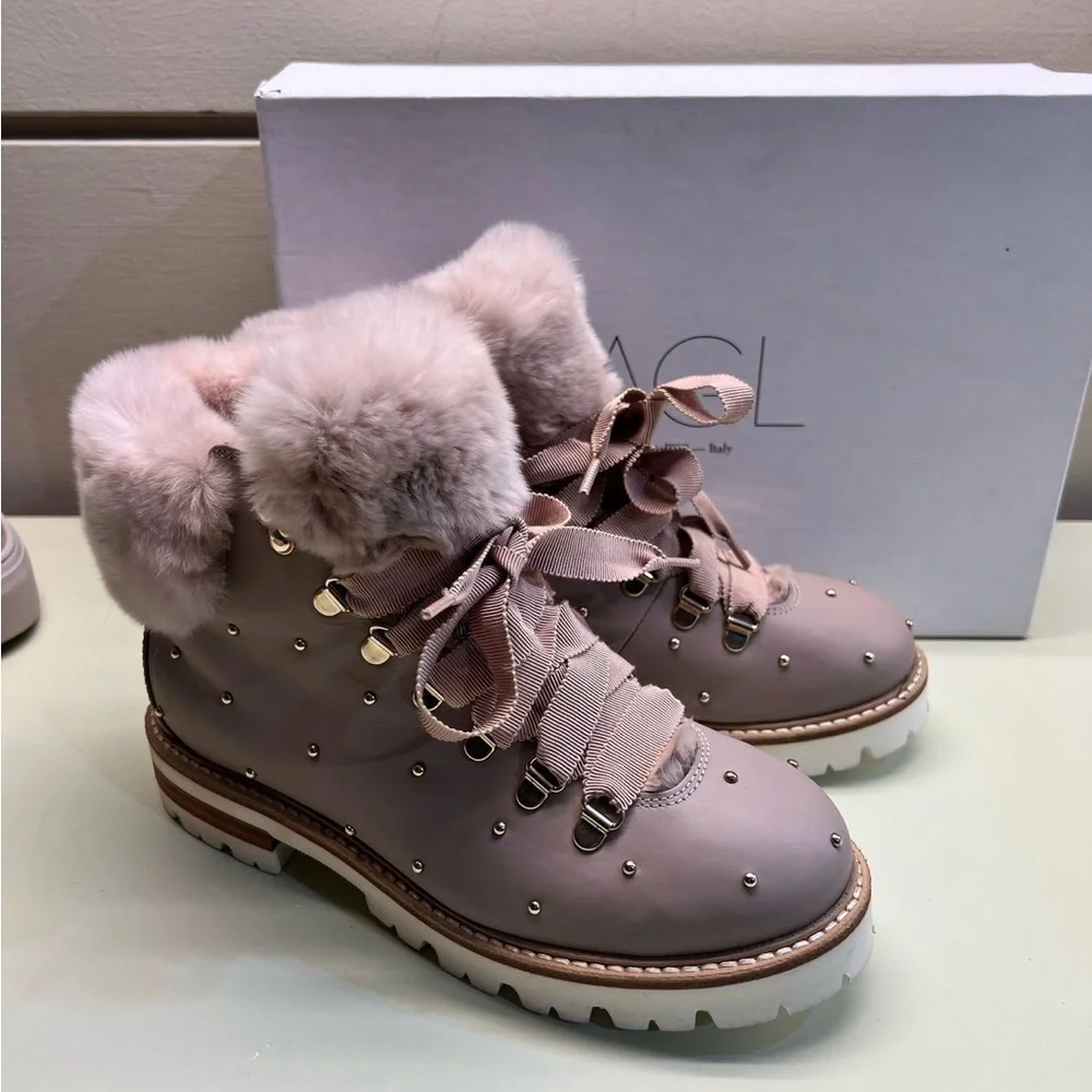 AGL MADE IN ITALY LEATHER Pink Winter Boots with Fur Trim and Ribbon Laces NWT